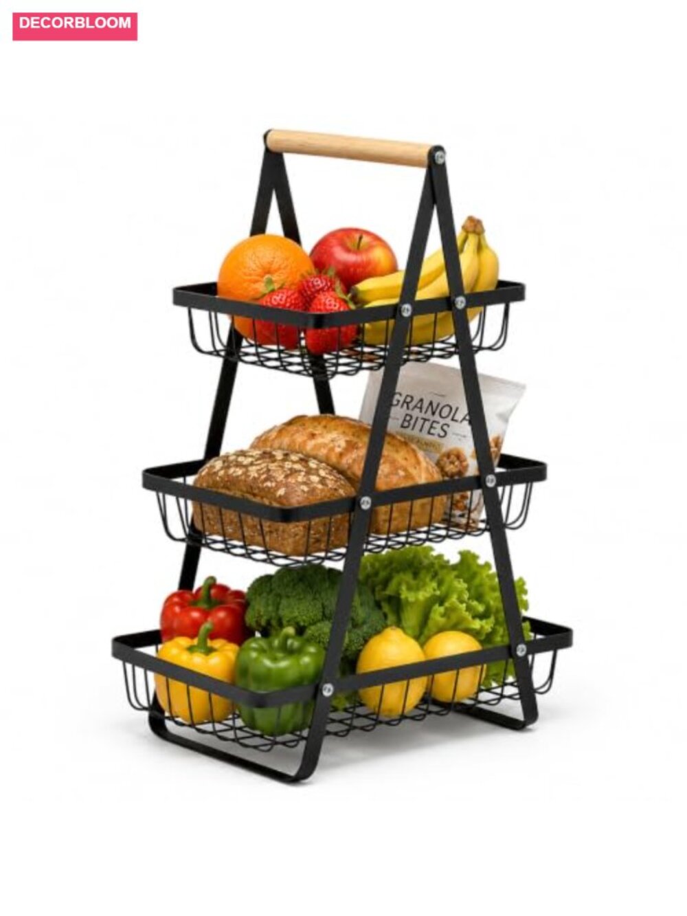 3 Tier Fruit Basket Kitchen Counter Detachable Baskets Carbon Steel Wooden